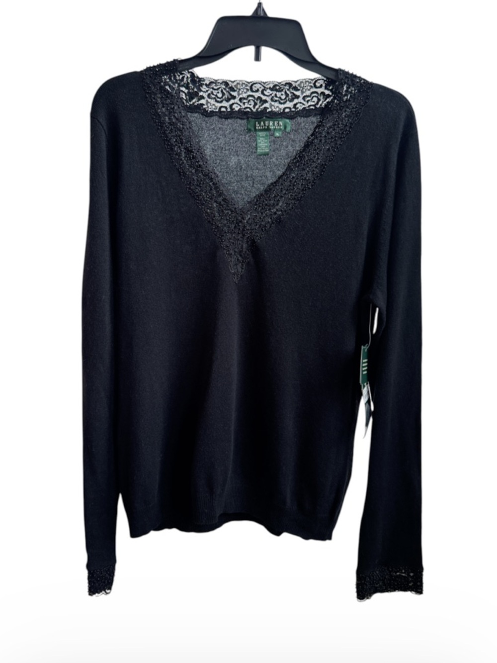LAUREN RALPH LAUREN Silk & Cashmere V-Neck Sweater with Beaded Lace Trim XL NEW
